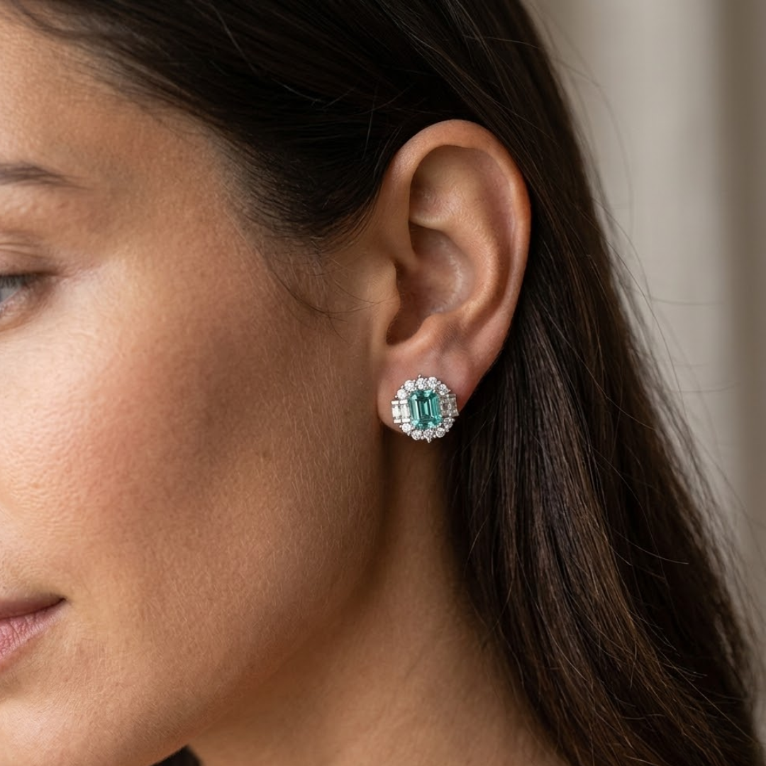 Paraiba Tourmaline Art Deco Baguette & Round Halo Stud Earrings