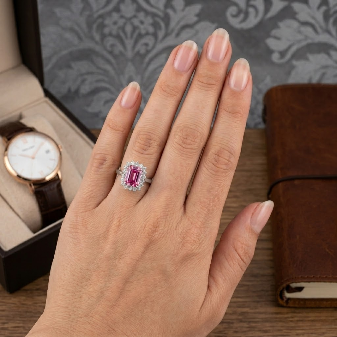 Pink Sapphire Emerald Cut Halo Ring