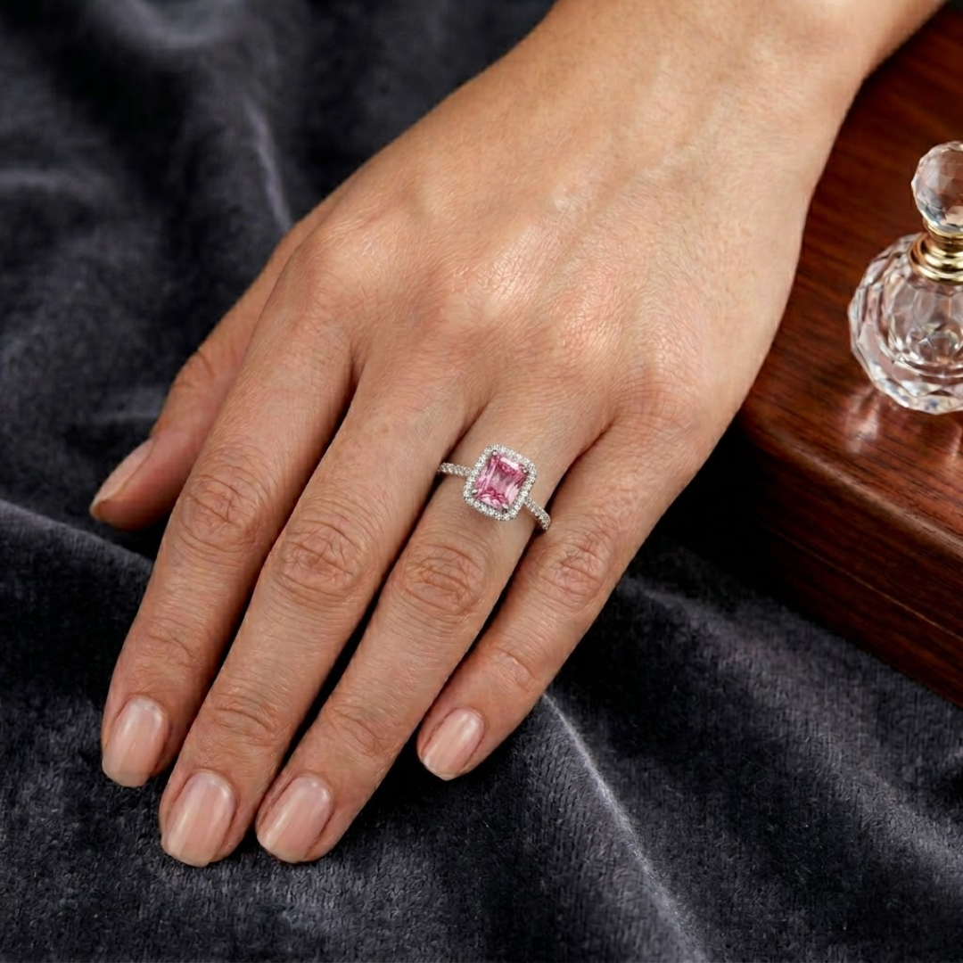 Pink Sapphire Emerald Cut Halo Ring