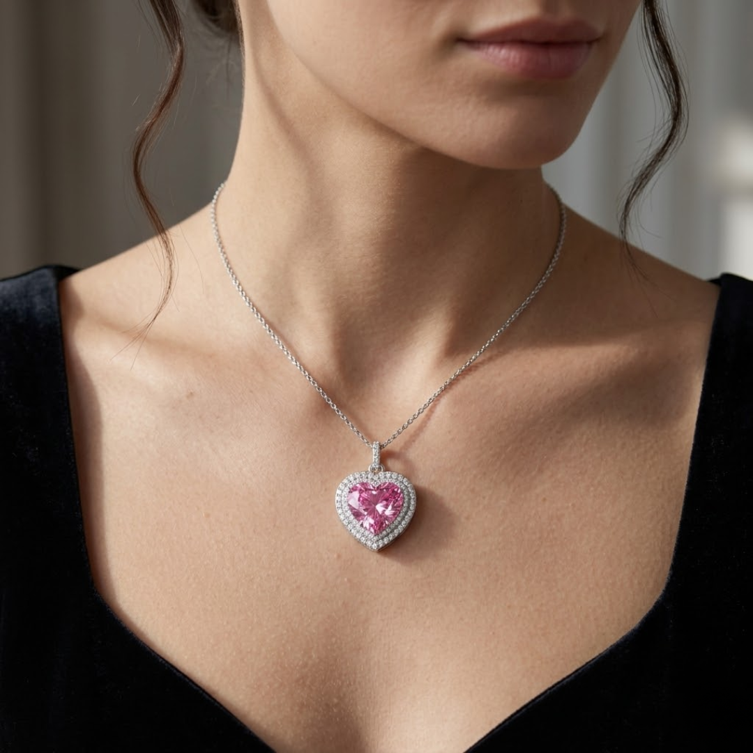 Pink Sapphire Heart Double Halo Pendant