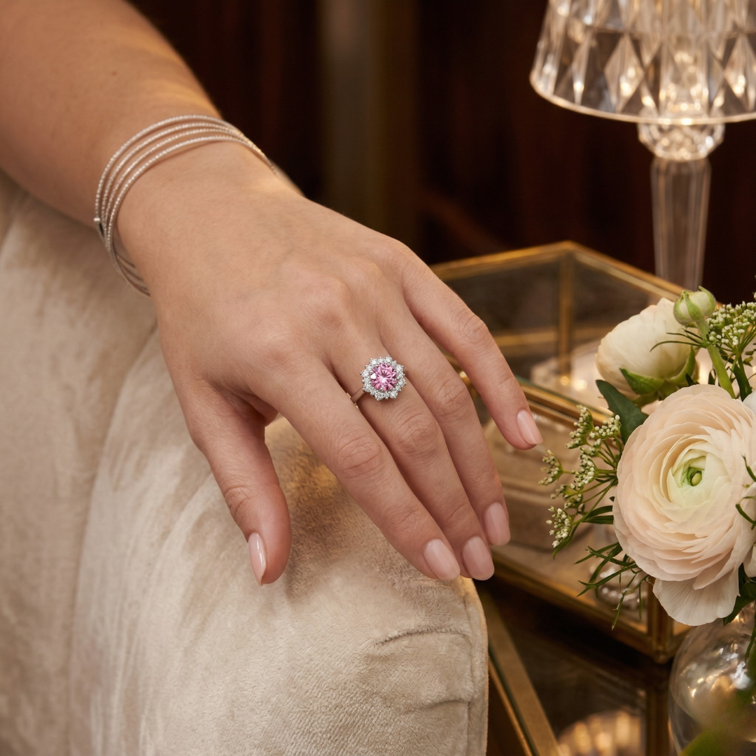 Pink Sapphire Sunburst Halo Ring