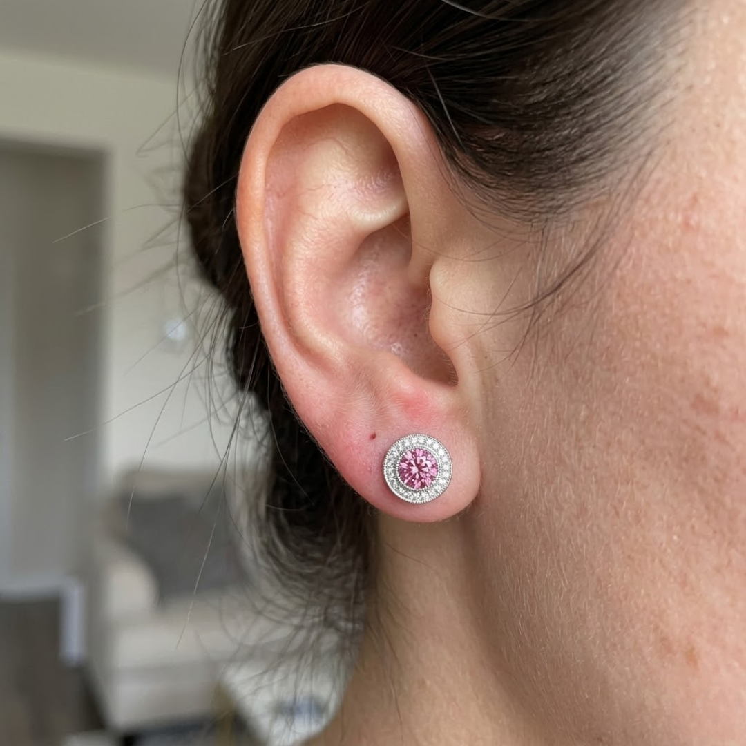 Pink Sapphire Round Double Halo Milgrain Stud Earrings