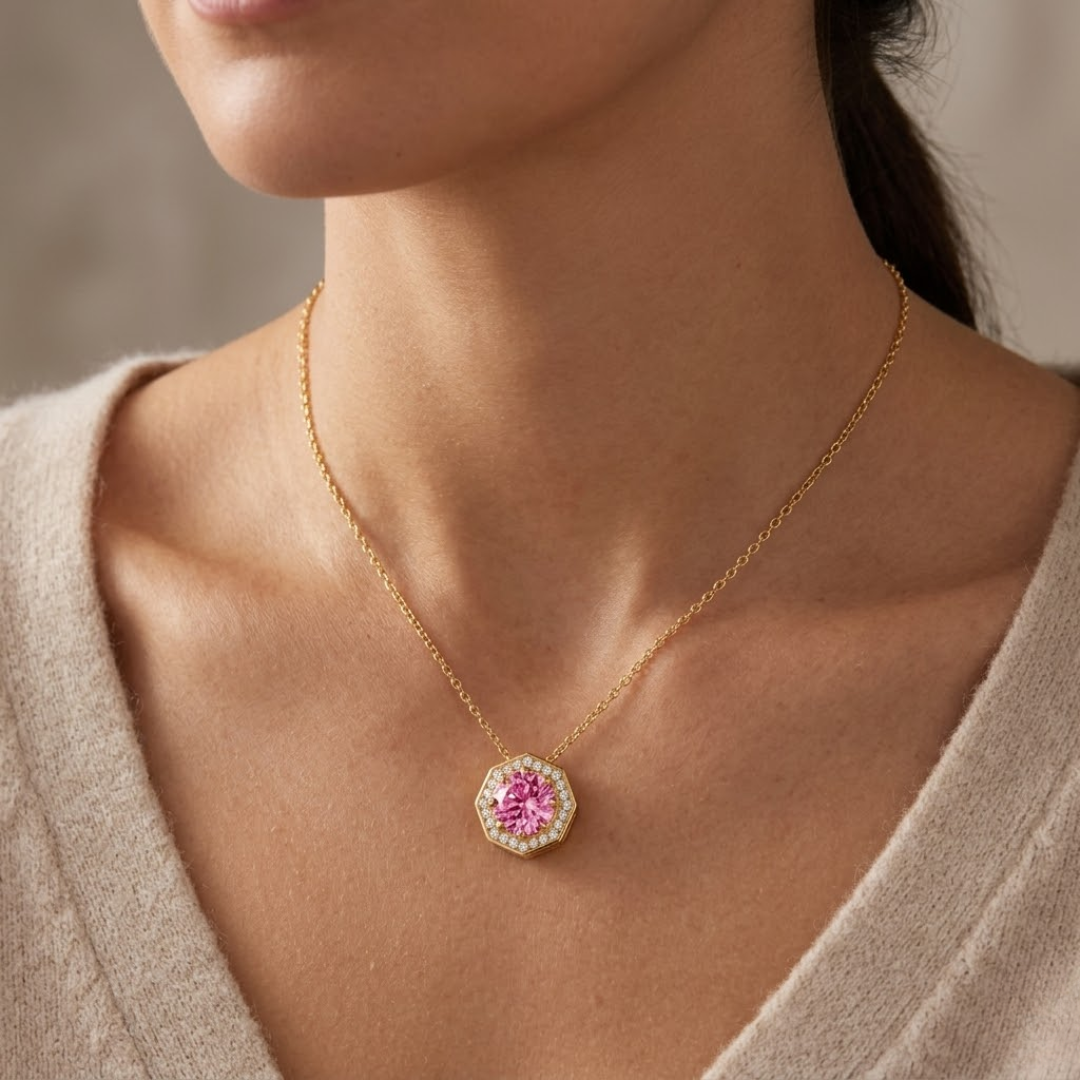 Pink Sapphire Round Octagonal Halo Pendant