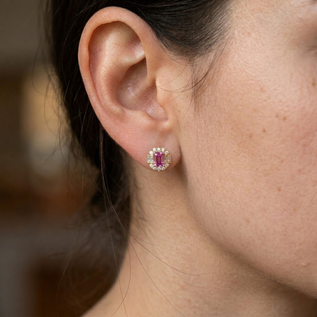Pink Sapphire Art Deco Baguette & Round Halo Stud Earrings