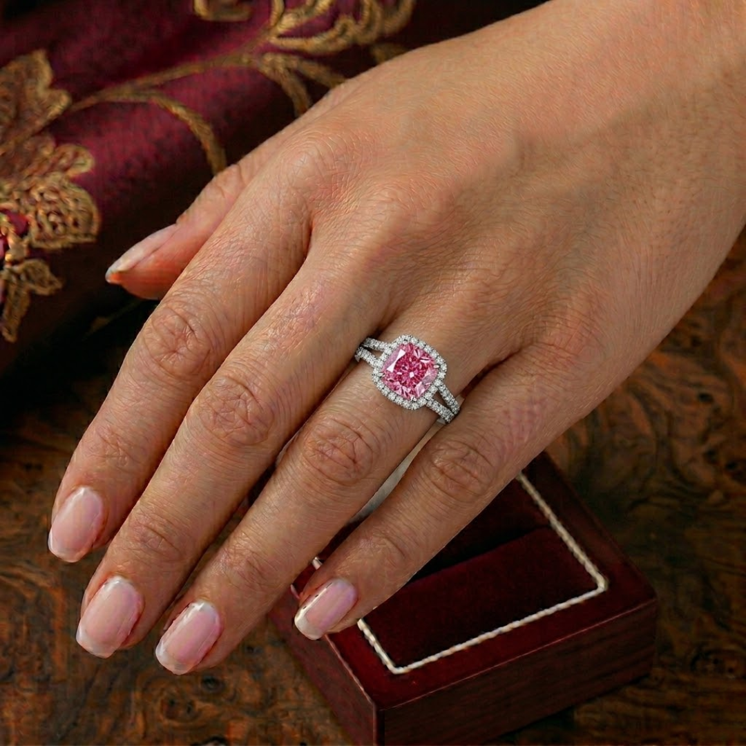 Pink Sapphire Cushion Halo Ring with Pave Band