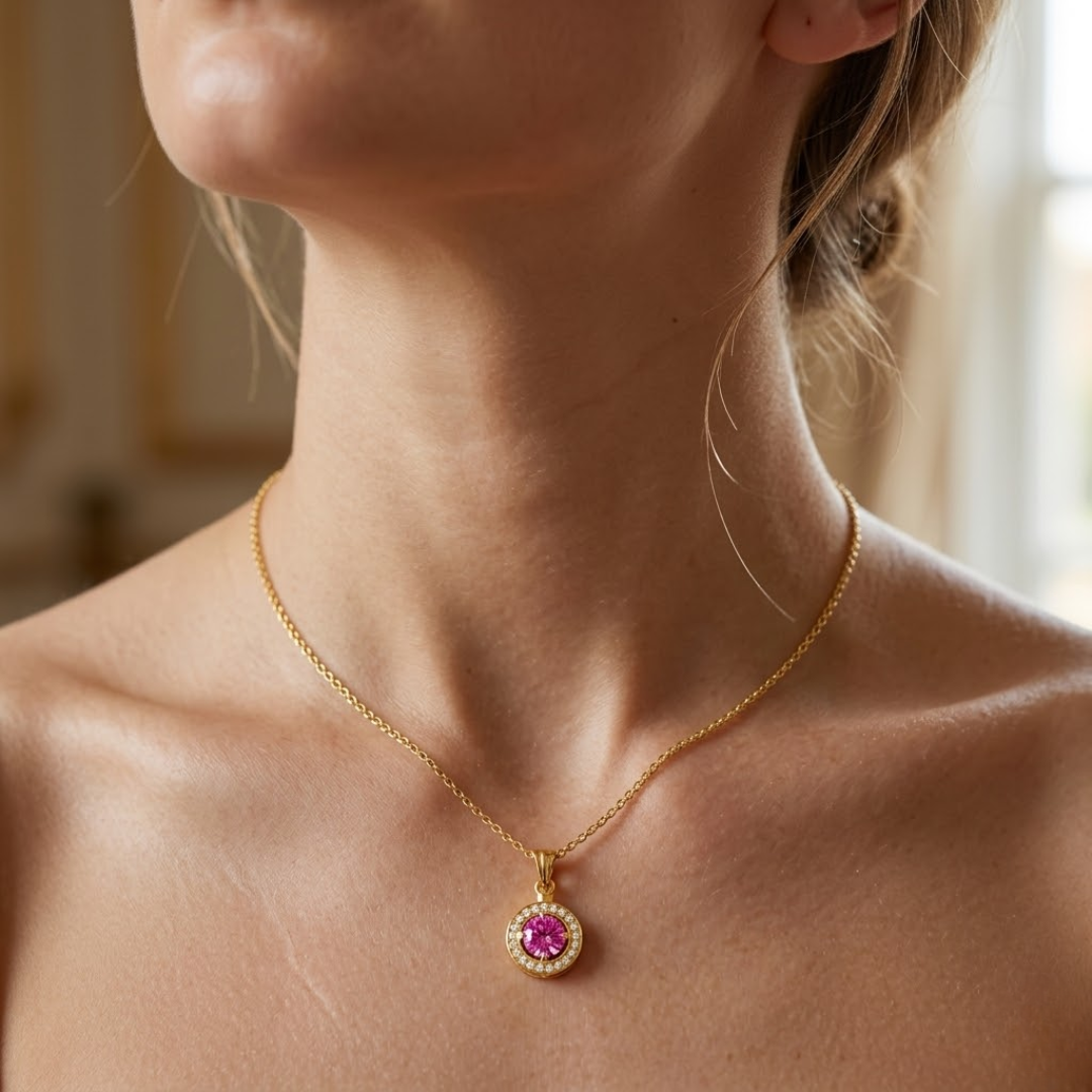 Pink Sapphire Round Halo Pendant