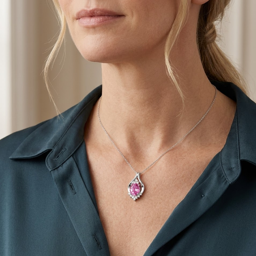 Pink Sapphire Oval Pendant with Diamond Accents