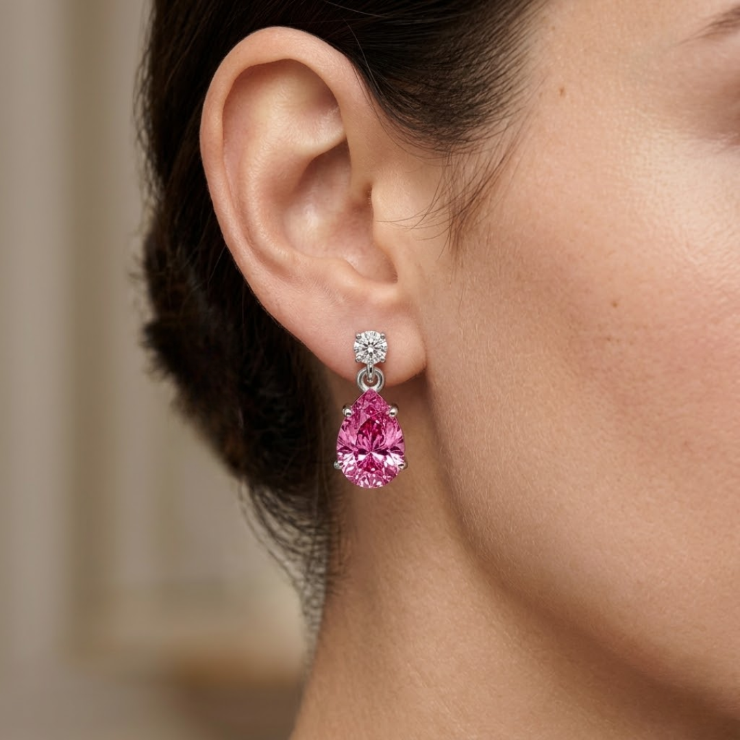 Pink Sapphire Pear & Diamond Round Two-Stone Drop Earrings