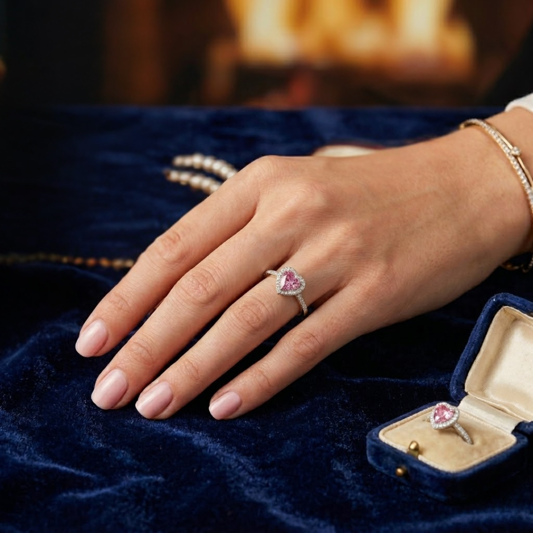 Pink Sapphire Heart Halo Ring with Diamond Pavé Split Band
