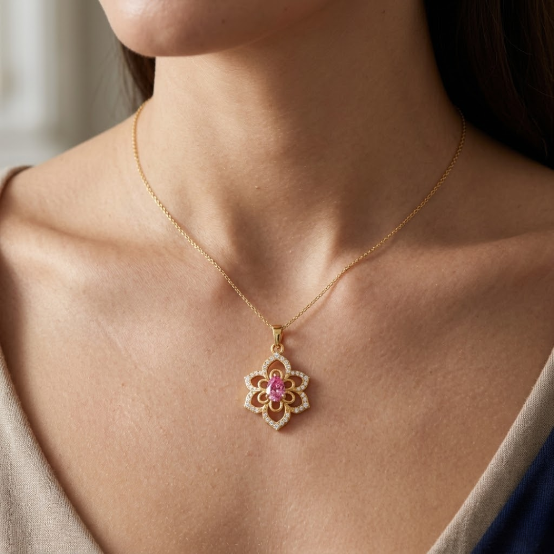 Pink Sapphire Pear Floral Diamond Pendant