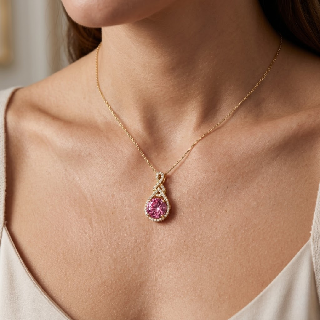 Pink Sapphire Round Pendant with Diamond Infinity Bail