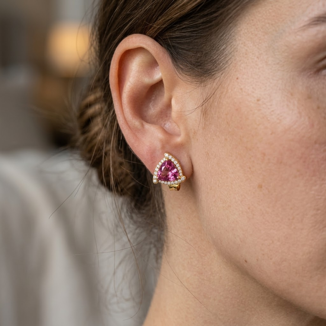 Pink Sapphire Trillion Halo Stud Earrings