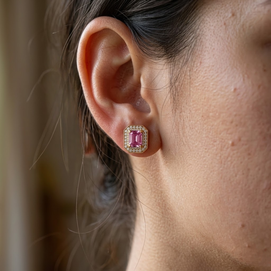 Pink Sapphire Octagonal Double Halo Milgrain Stud Earrings