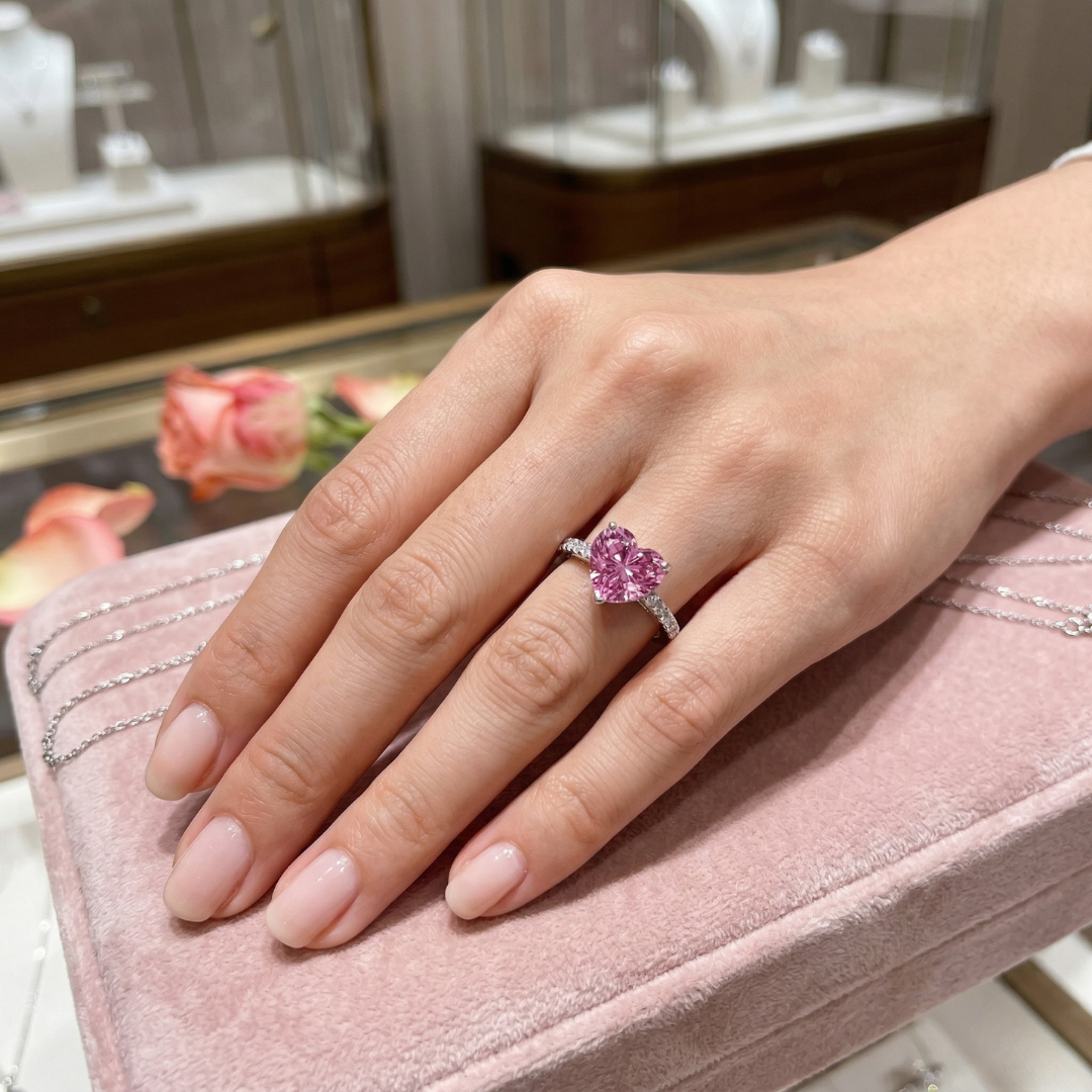 Pink Sapphire Heart Ring with Diamond Pave Band