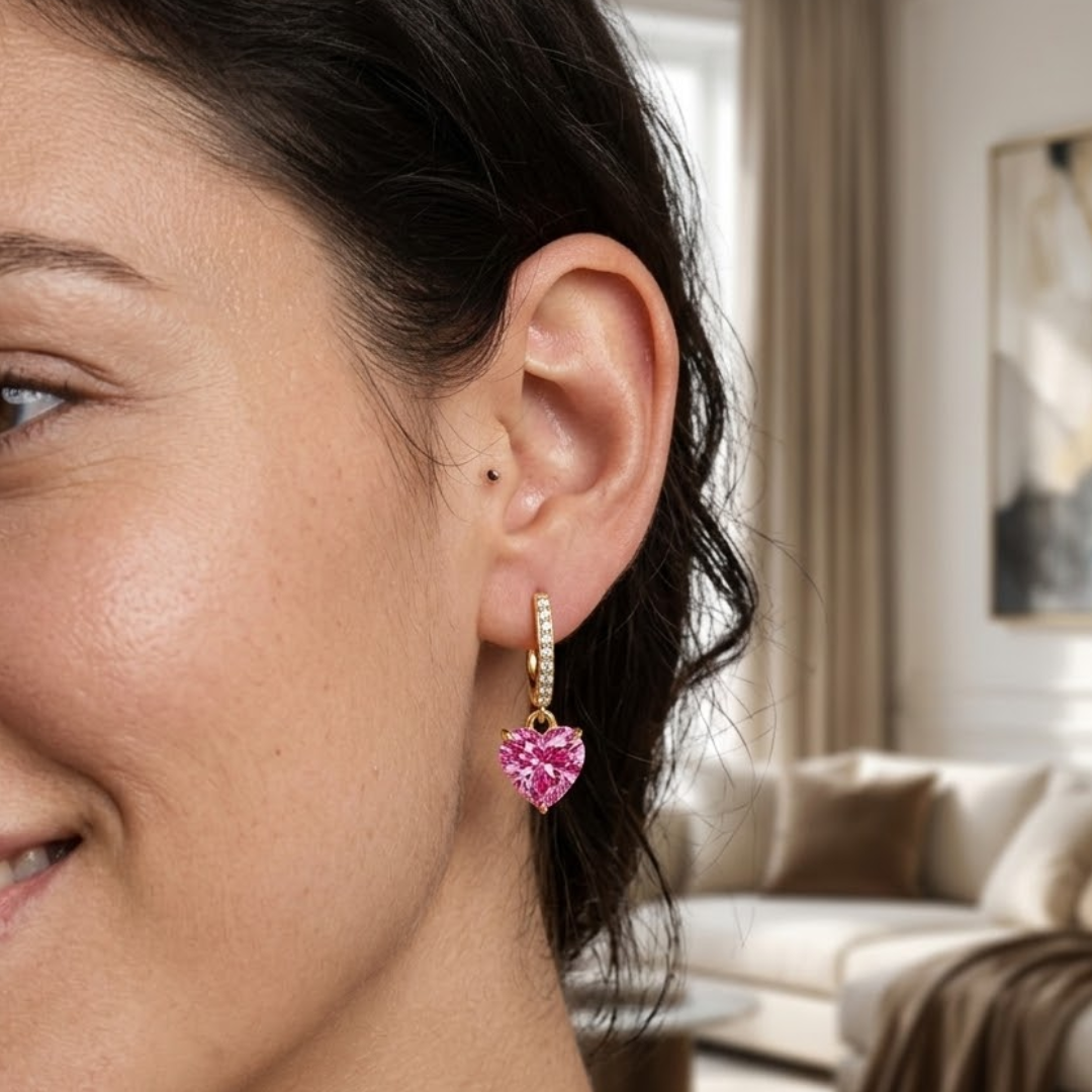 Pink Sapphire  Ruby Heart Drop Huggie Earrings