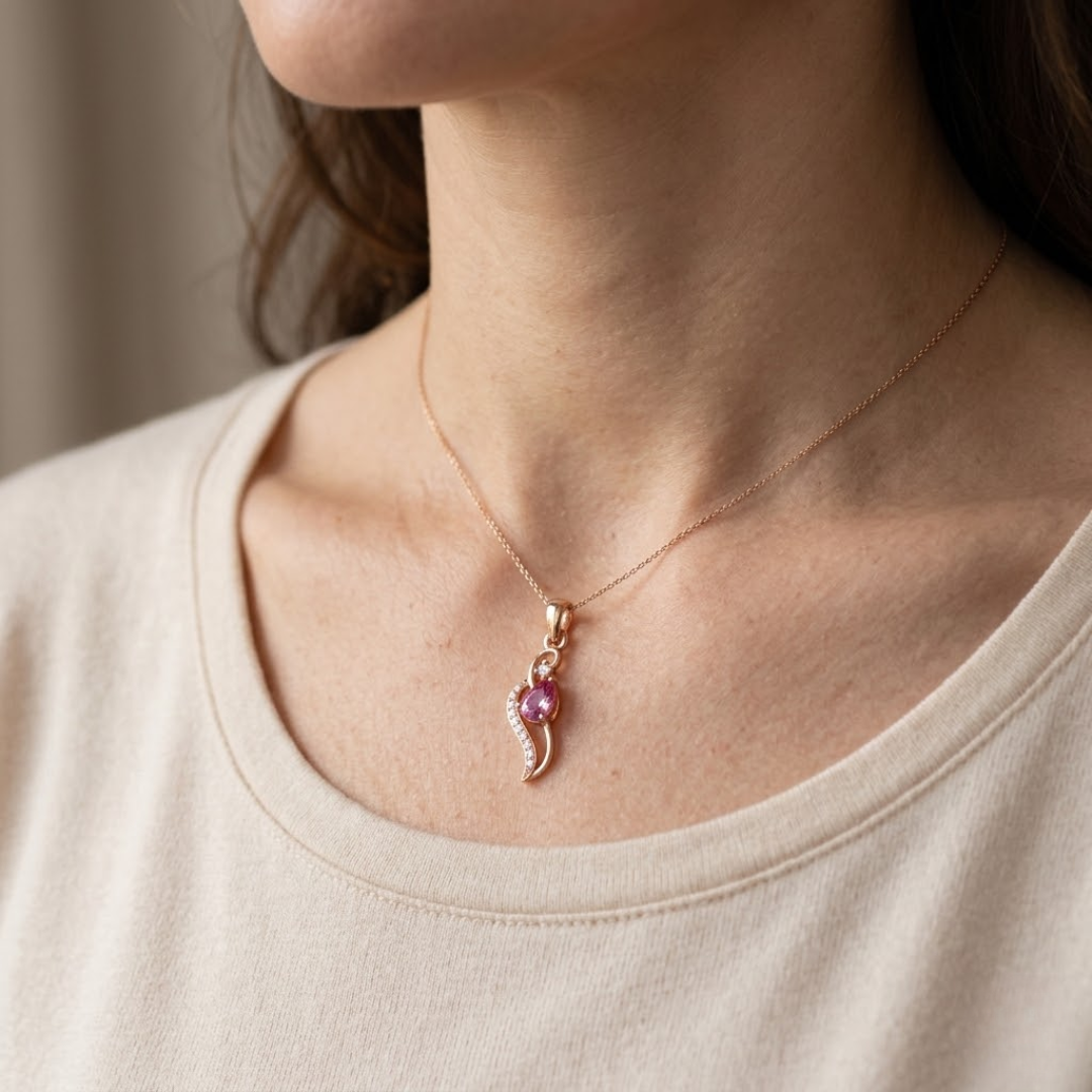 Pink Sapphire Pear Pendant with Diamond Wave Accent