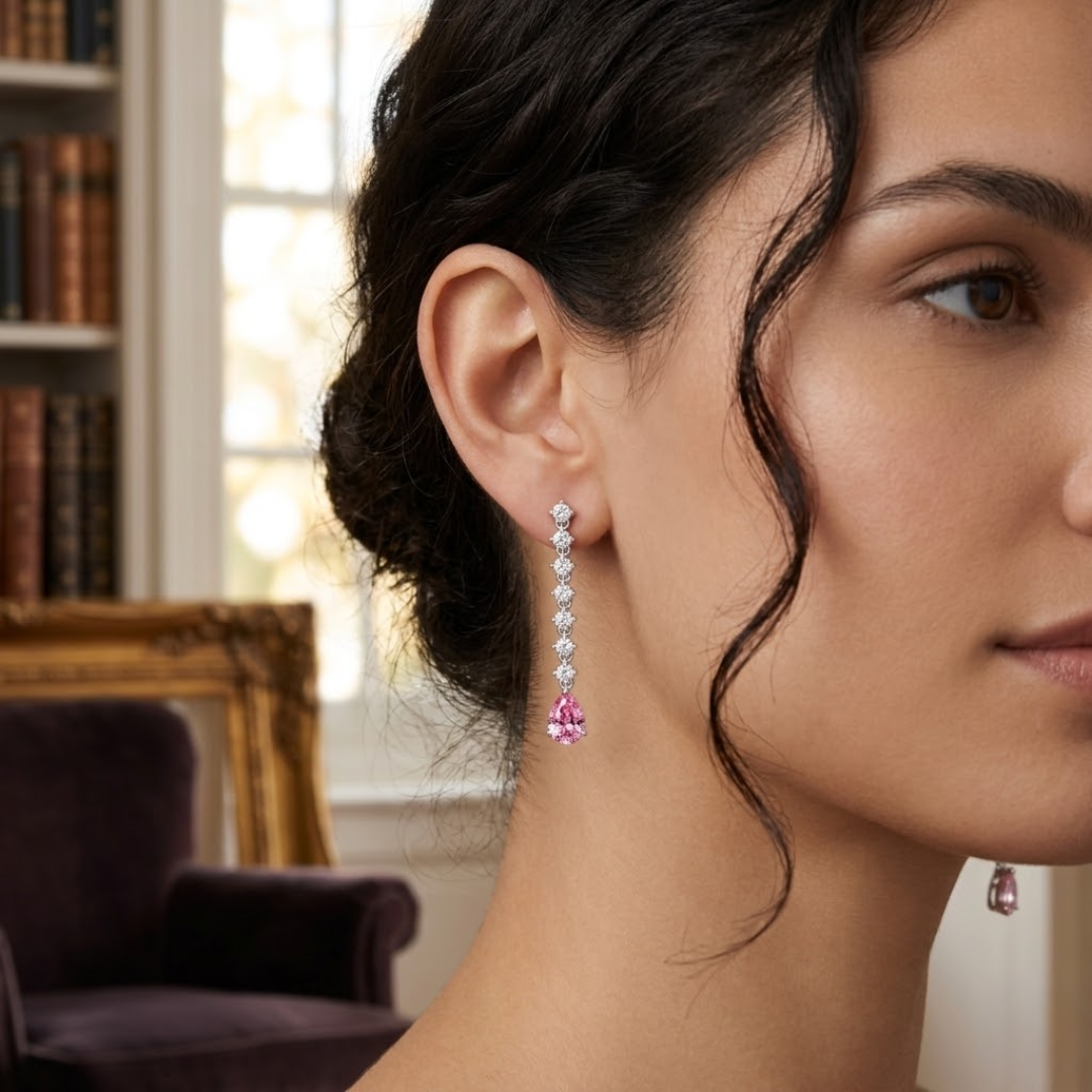 Pink Sapphire Pear Drop Earrings with Diamond Tennis Chain