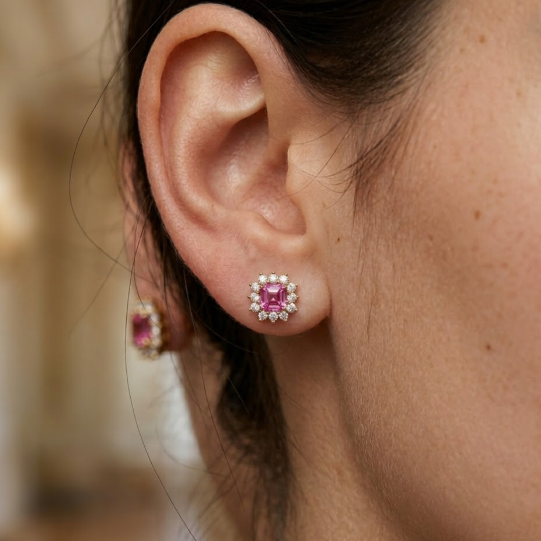 Pink Sapphire Ruby Asscher Cut Sunburst Halo Stud Earrings