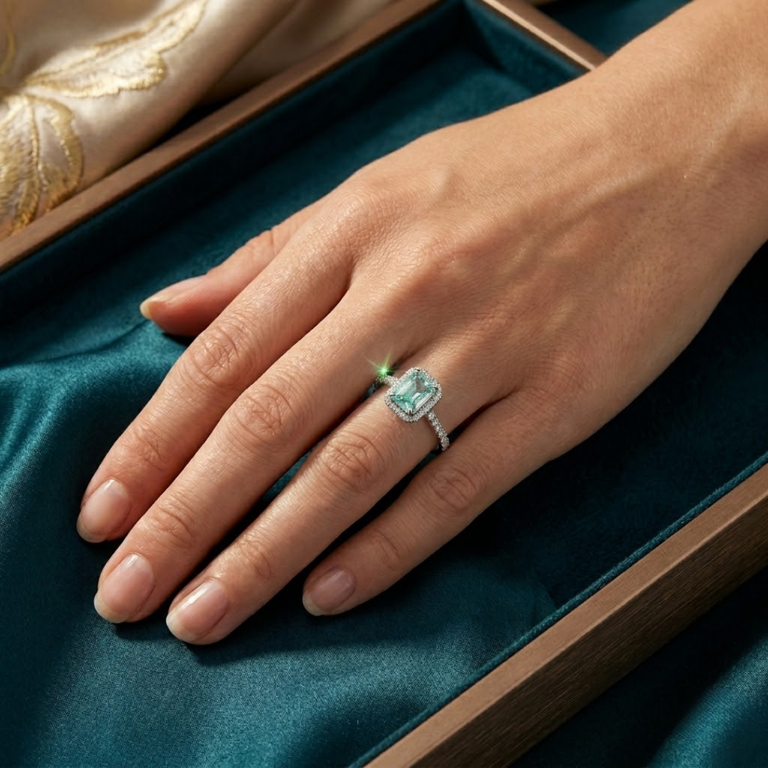 Paraiba Tourmaline Emerald Cut Halo Ring
