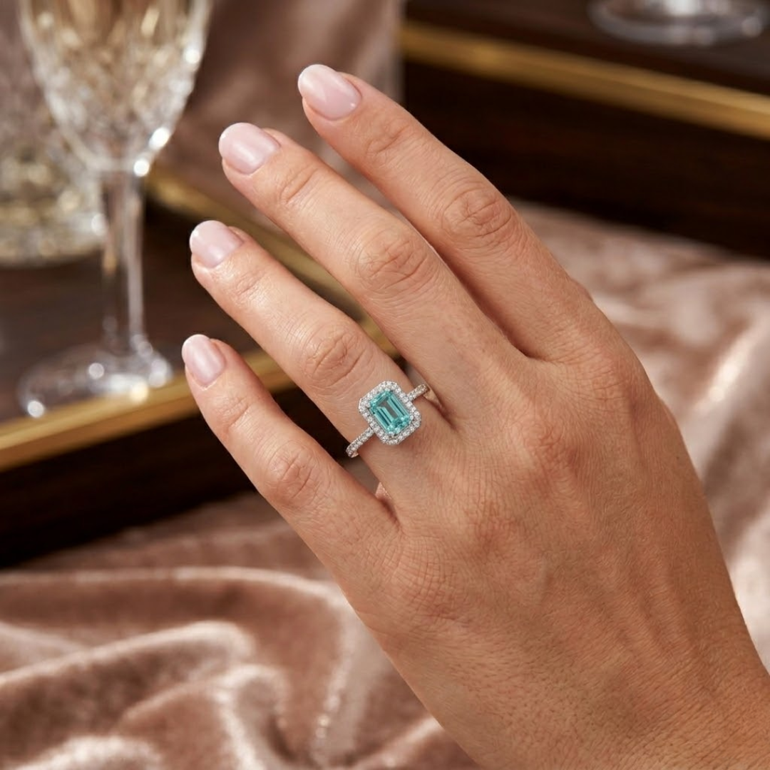 Paraiba Tourmaline Emerald-Cut Halo Ring with Diamond Pavé Band