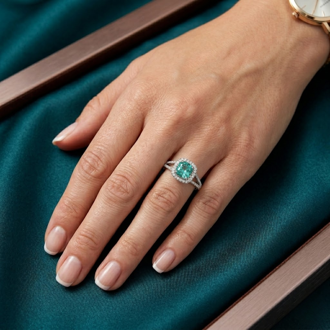 Paraiba Tourmaline Cushion Cut  Halo Ring
