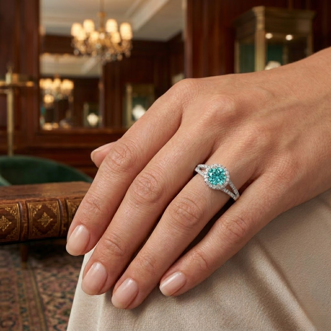 Paraiba Tourmaline Round Halo Ring with Diamond Pavé Split Band