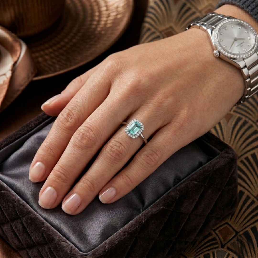 Paraiba Tourmaline Emerald Cut  Halo Ring