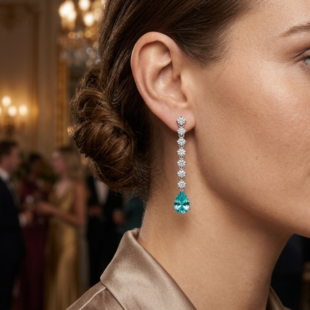 Paraiba Tourmaline  Pear Drop Earrings with Diamond Tennis Chain