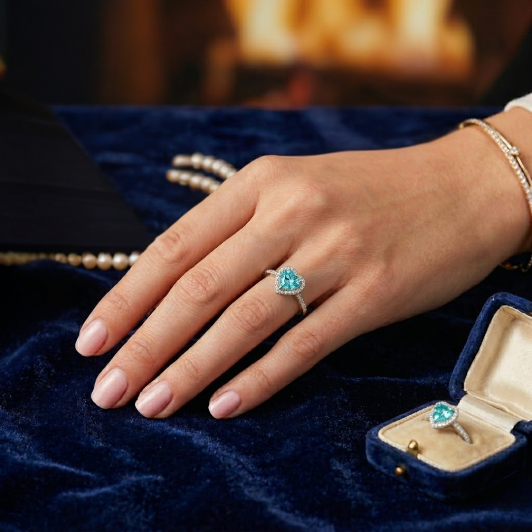 Paraiba Tourmaline Heart Halo Ring with Diamond Pavé Split Band