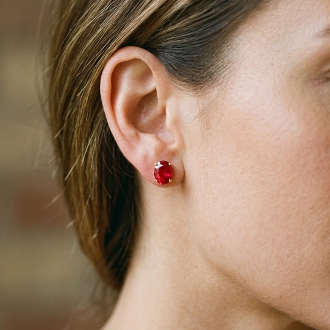 Ruby  Diamond Oval Solitaire Stud Earrings