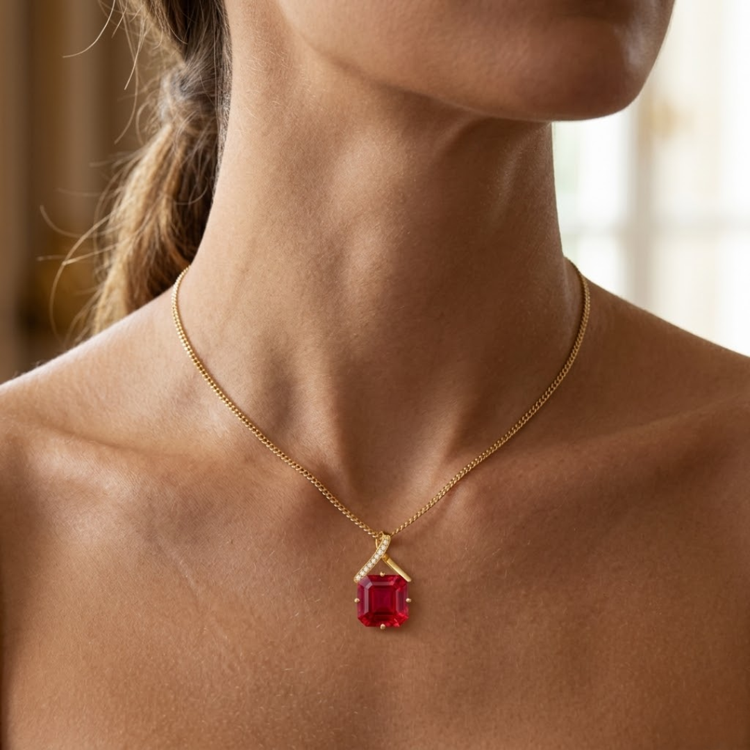 Ruby Asscher Solitaire Pendant with Diamond Crossover Bail