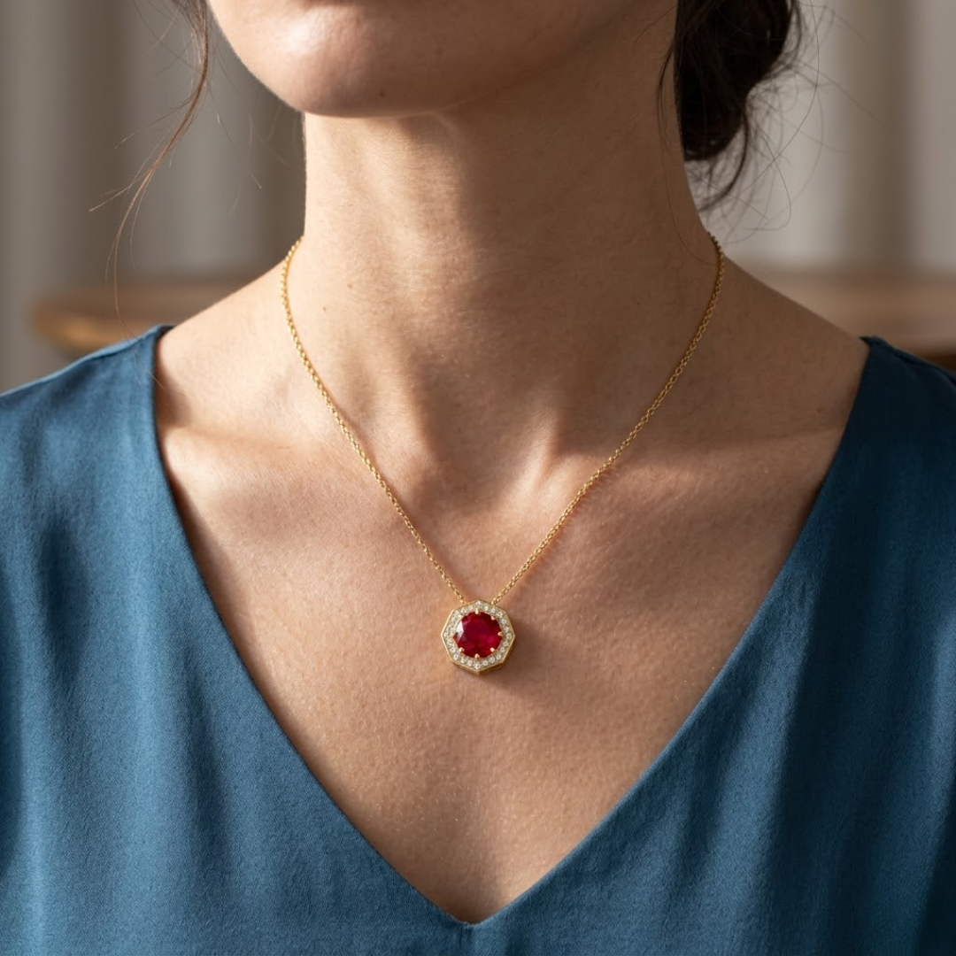 Ruby Round Octagonal Halo Pendant