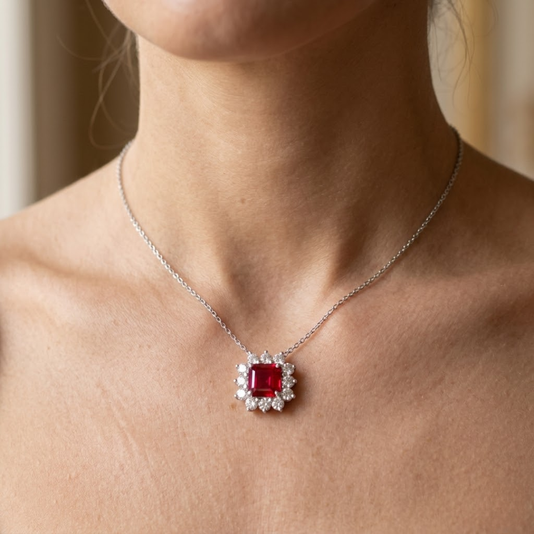 Ruby Asscher Sunburst Diamond Halo Pendant