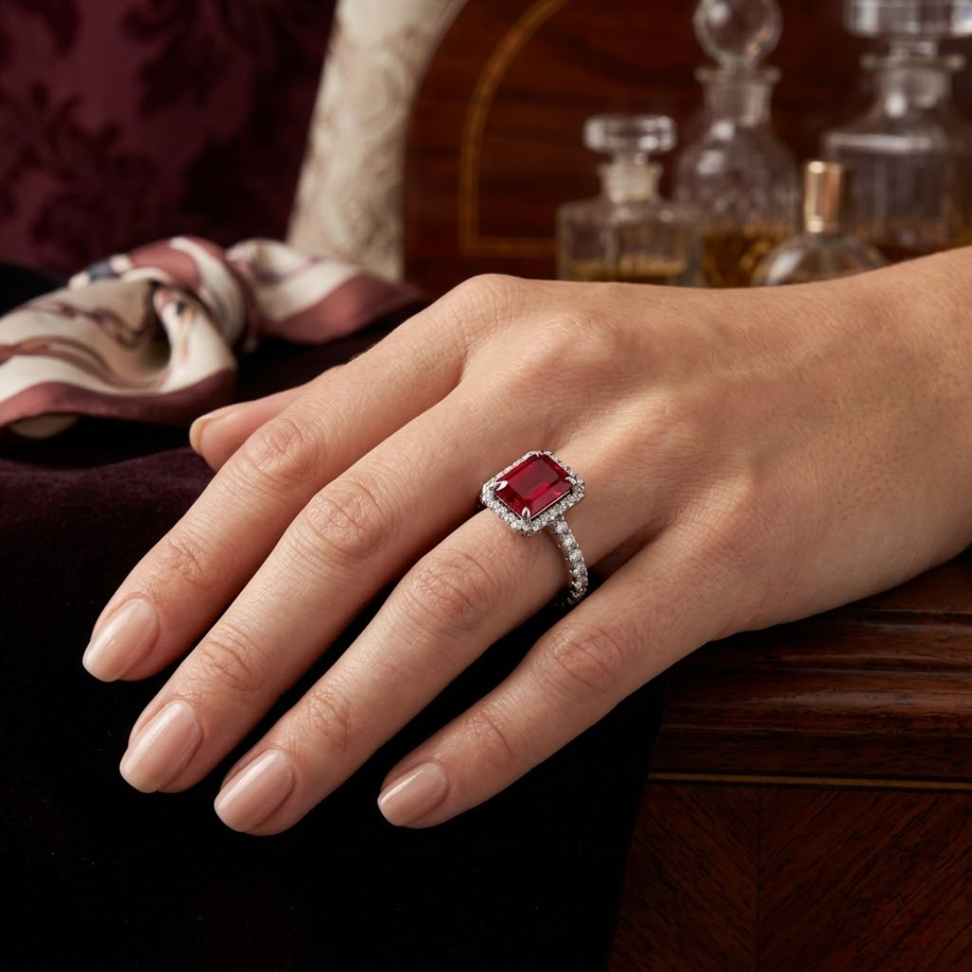 Ruby Emerald Cut Halo Ring