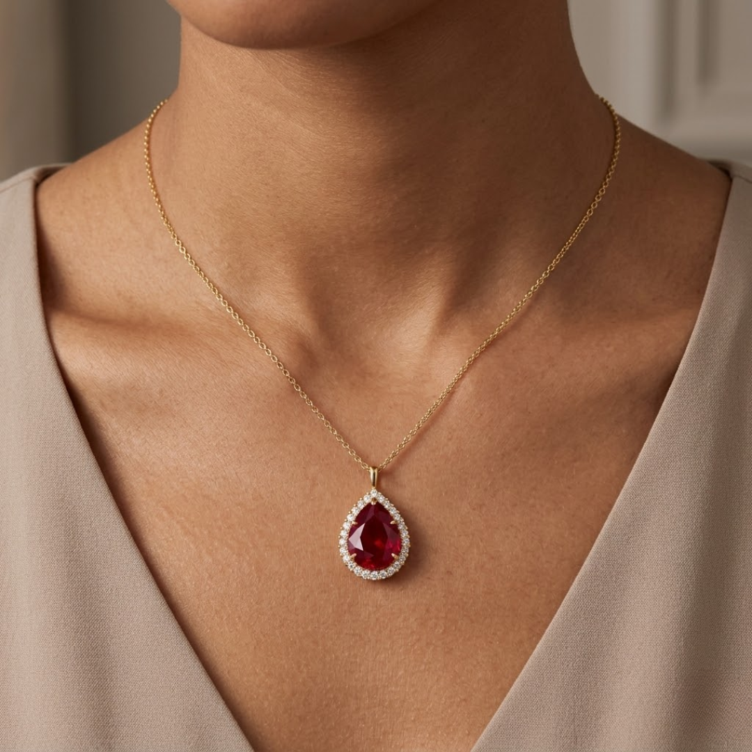 Ruby Pear Halo Pendant