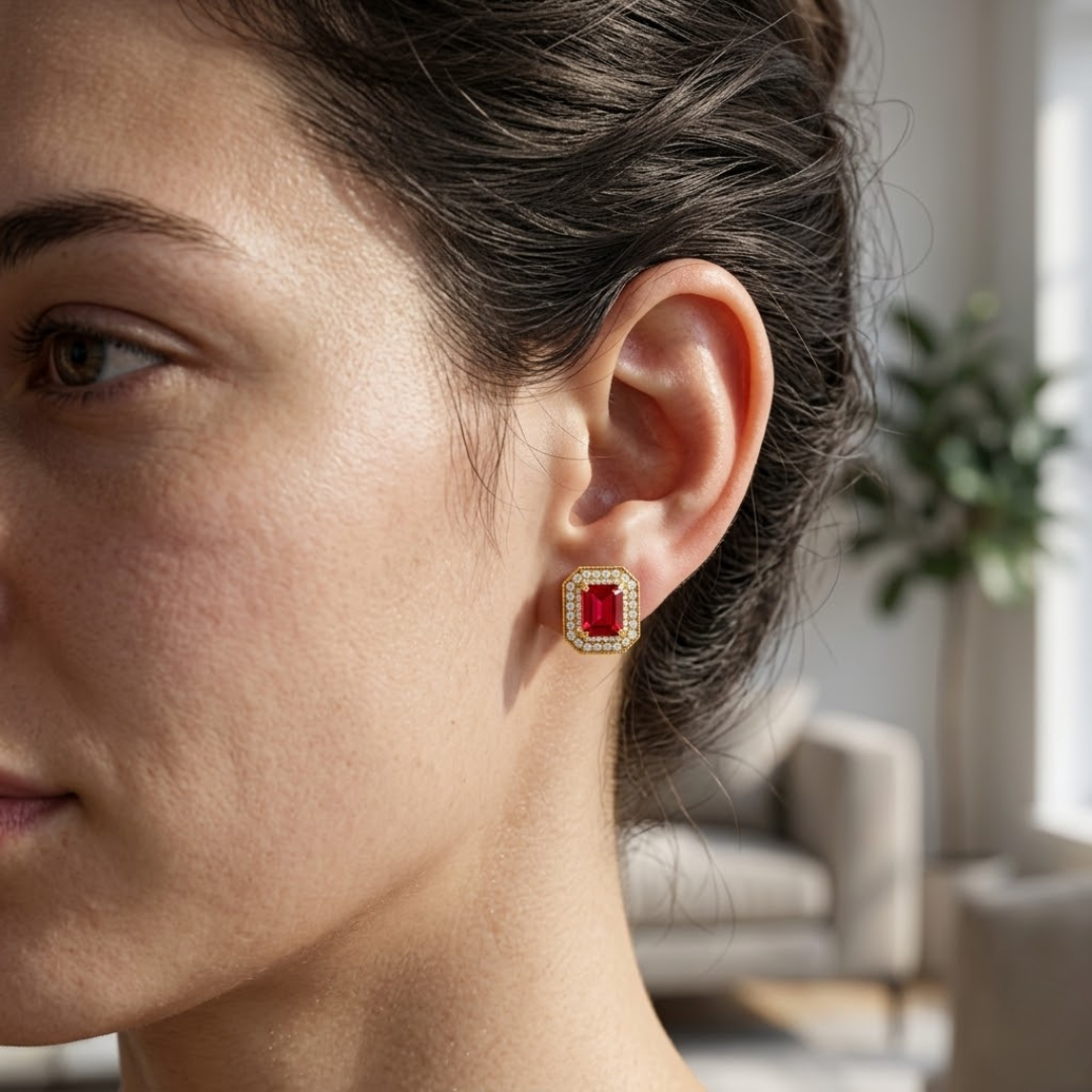 Ruby Octagonal Double Halo Milgrain Stud Earrings
