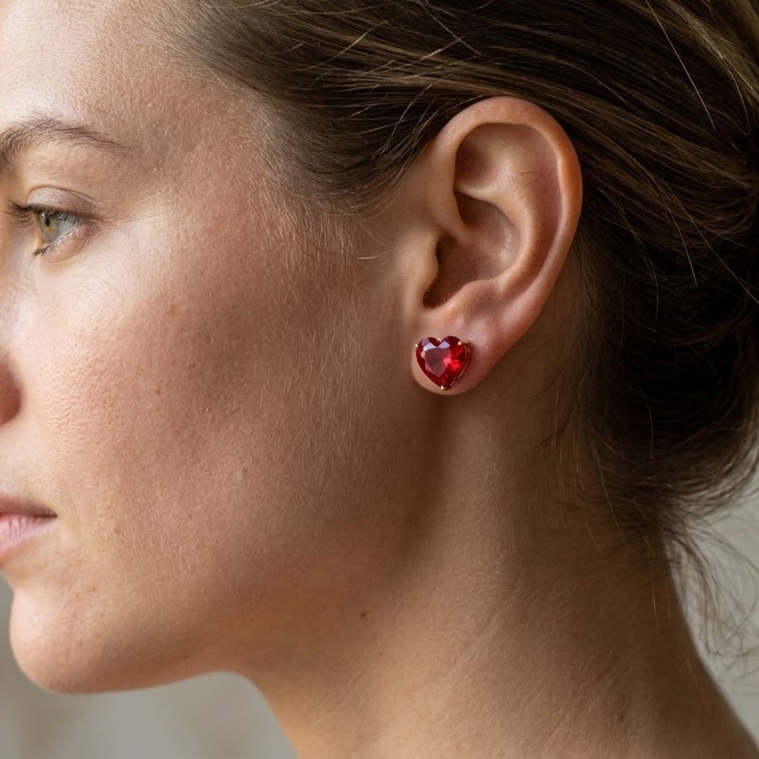Ruby Heart Solitaire Stud Earrings