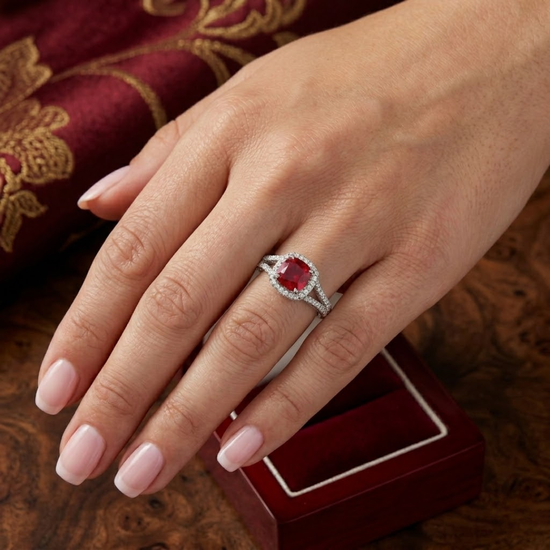 Ruby Cushion Cut Halo Ring