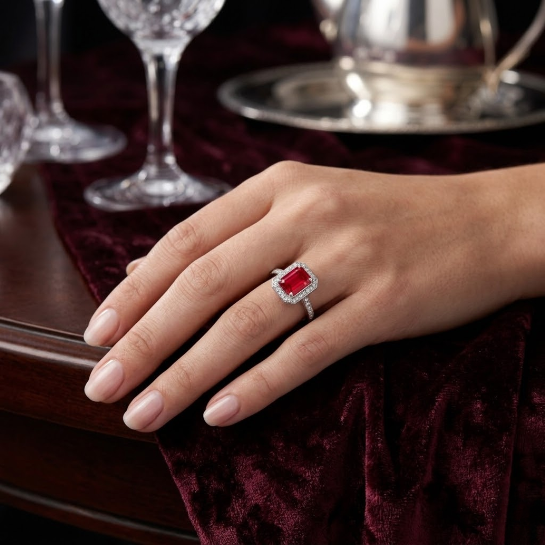Ruby Emerald-Cut Halo Ring with Diamond Pavé Band