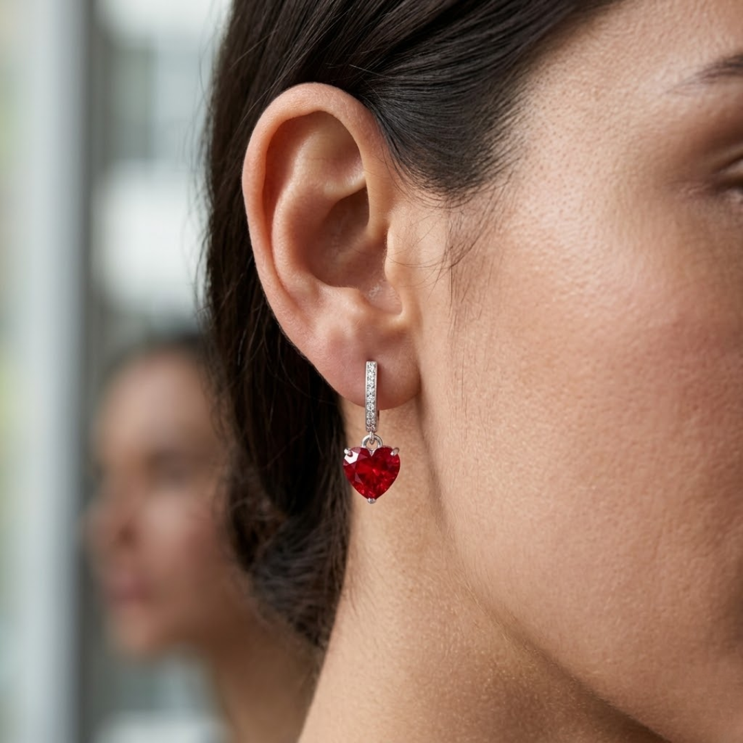 Ruby Heart Drop Huggie Earrings
