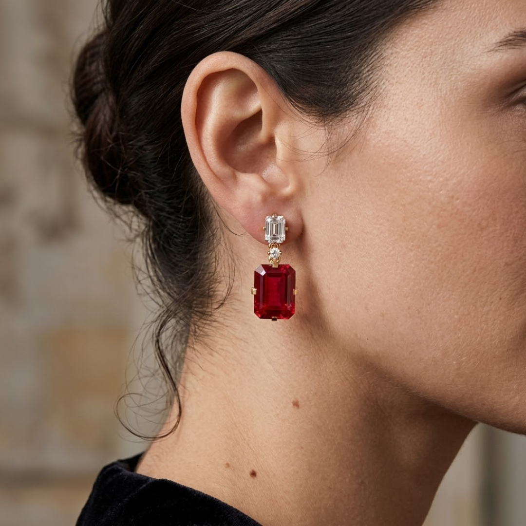 Ruby & Diamond Octagonal Drop Earrings