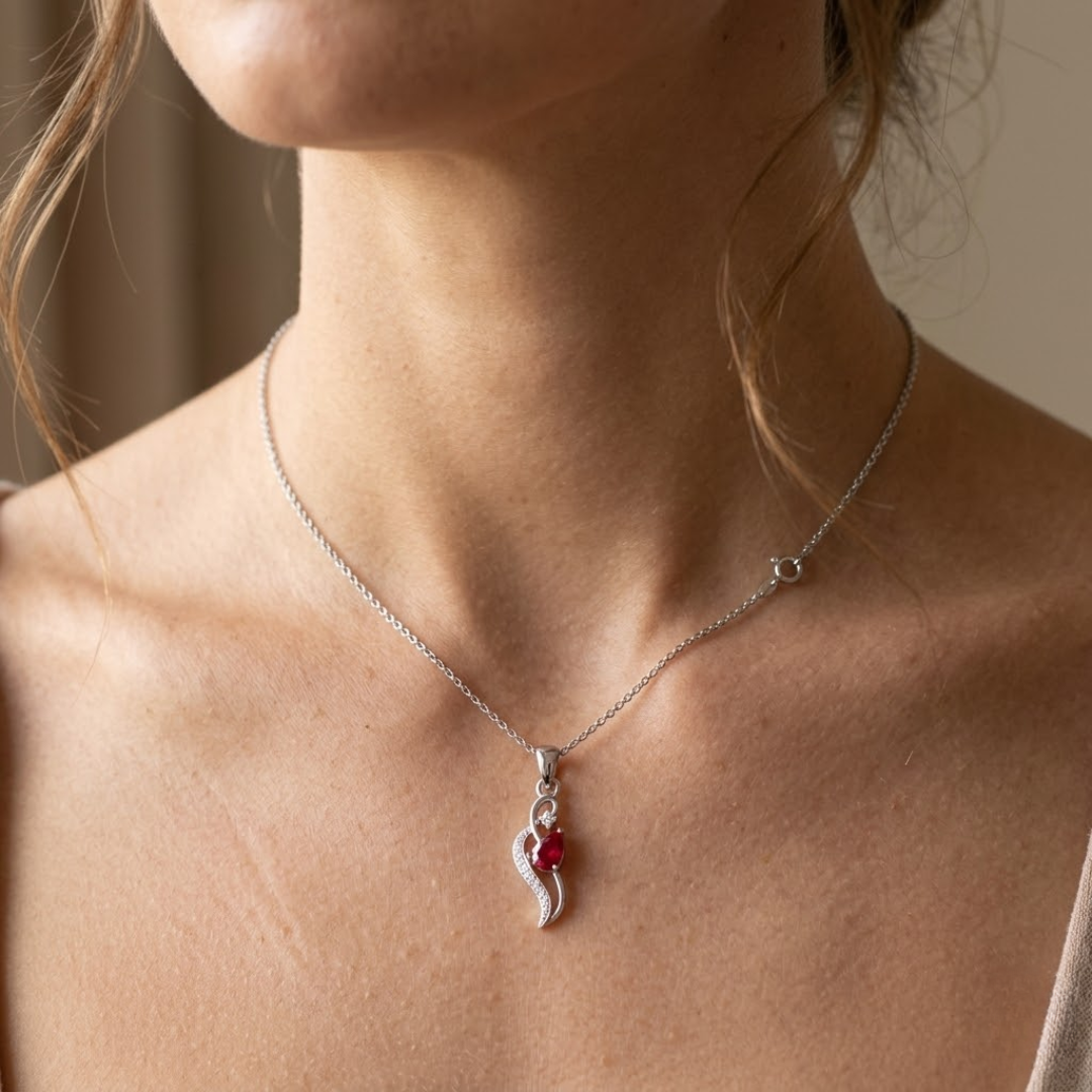 Ruby Pear Pendant with Diamond Wave Accent