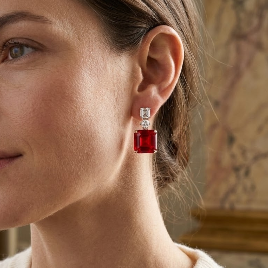 Ruby & Diamond Three-Stone Drop Earrings