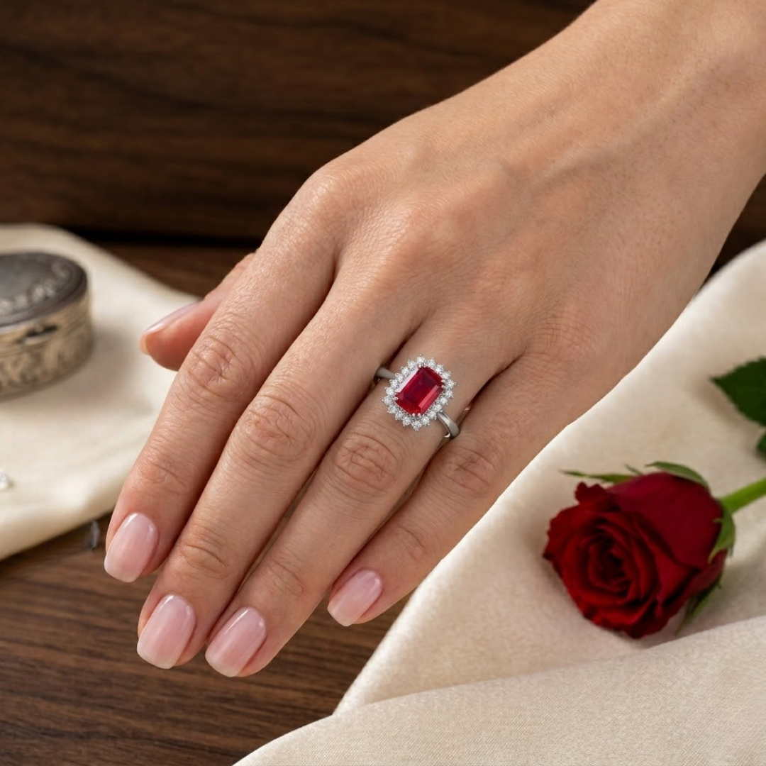Ruby Emerald Cut Halo Ring