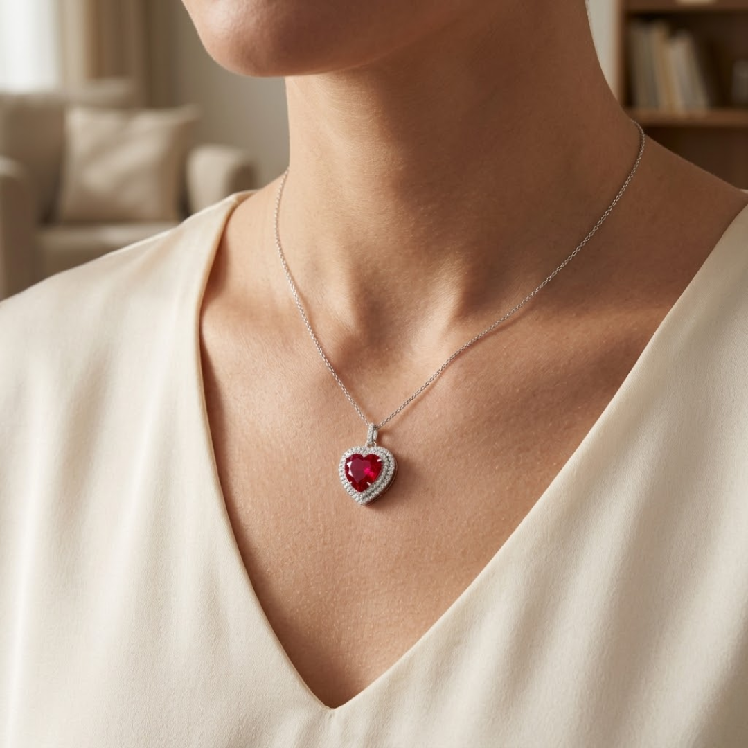 Ruby Heart Double Halo Pendant