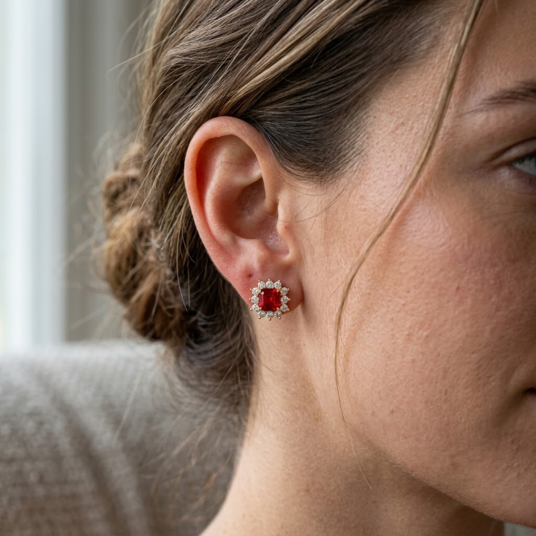 Ruby Asscher Cut Sunburst Halo Stud Earrings