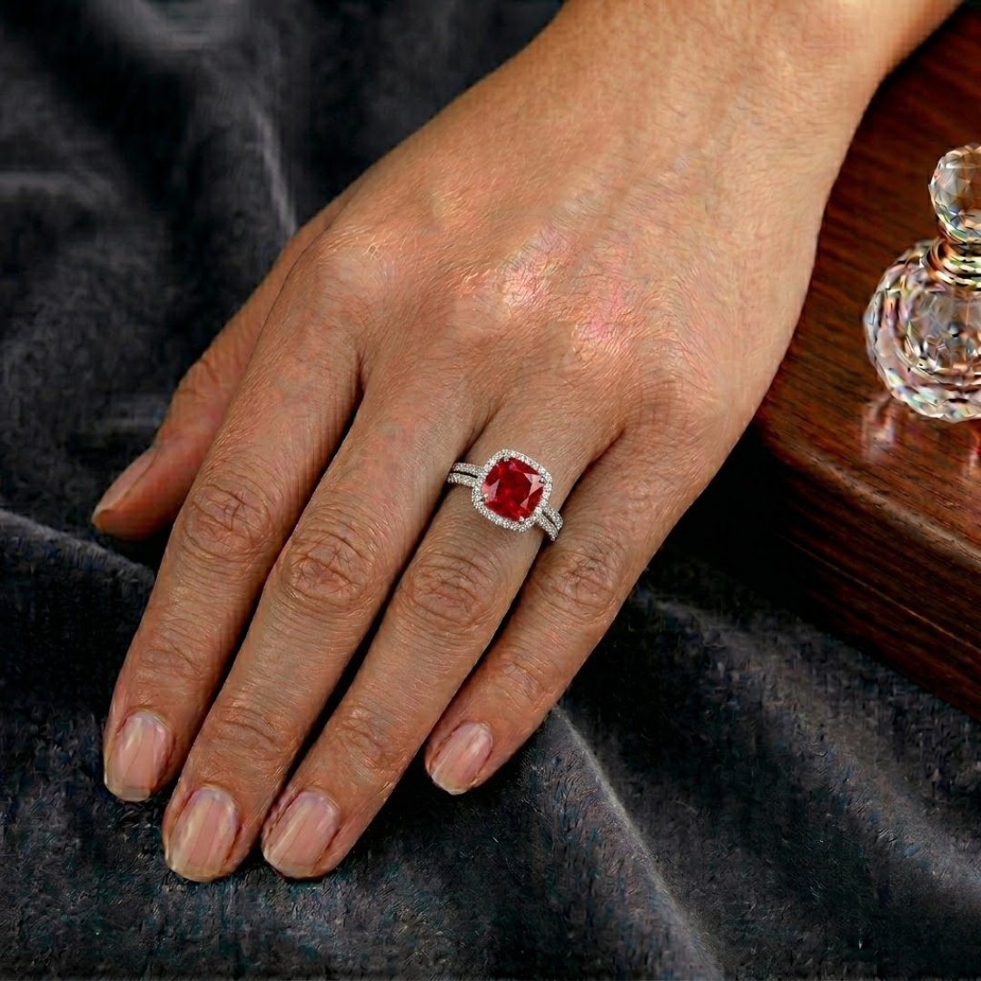 Ruby Cushion Halo Ring with Pave Band