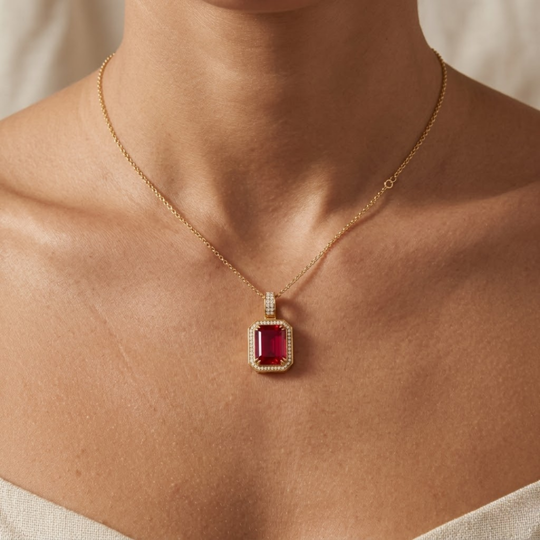 Ruby Octagonal Halo Pendant with Diamond Pavé Bail