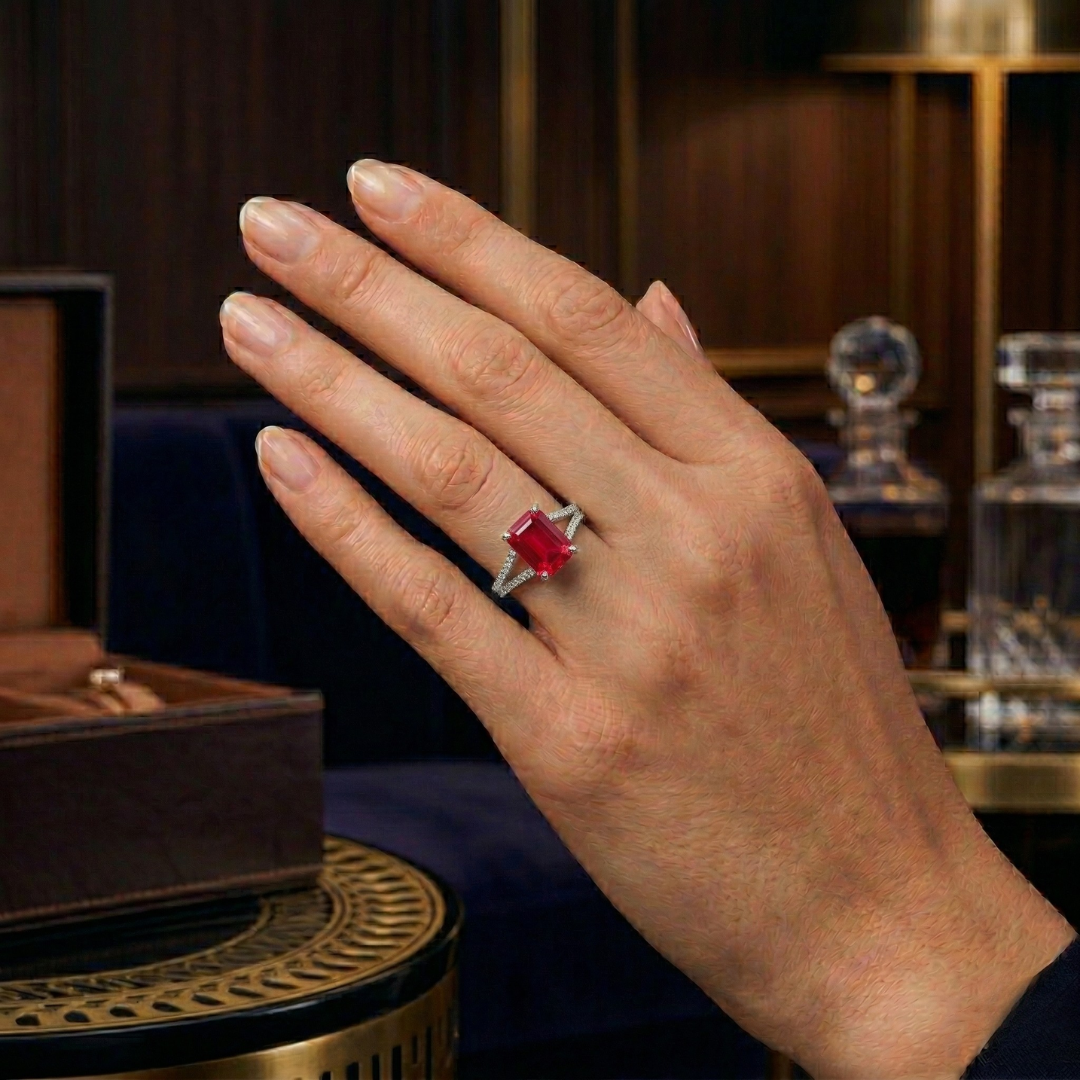 Ruby Emerald Cut Ring with Diamond Pavé Band