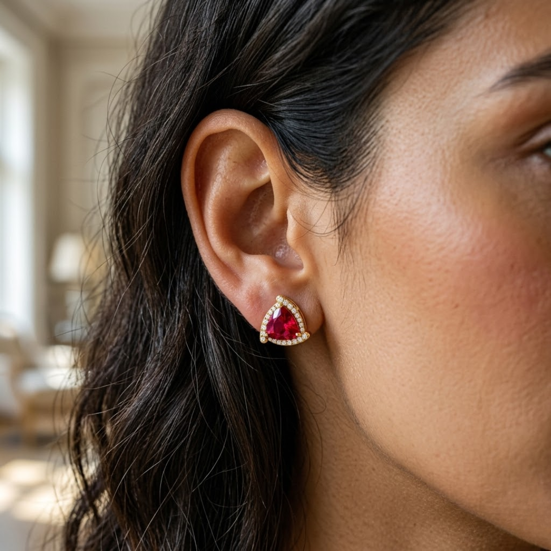 Ruby Trillion Halo Stud Earrings